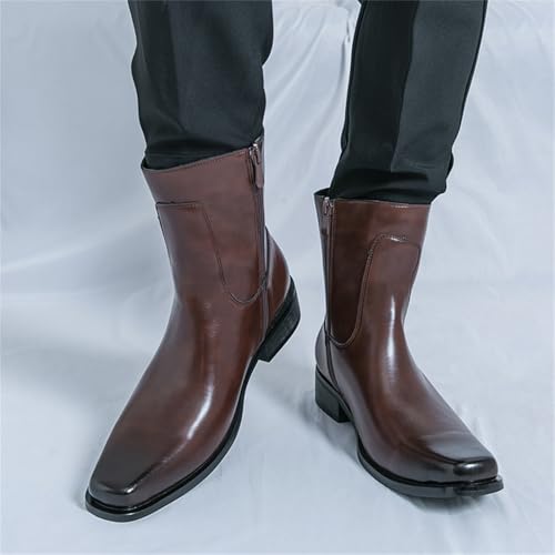 Mens Leather Pull On Low Chunky Heels Square Toe Dress Western Chelsea Boots Casual Ankle Cowboy Boots with Side Zipper & Buckles for Prom Formal Party Working Business4
