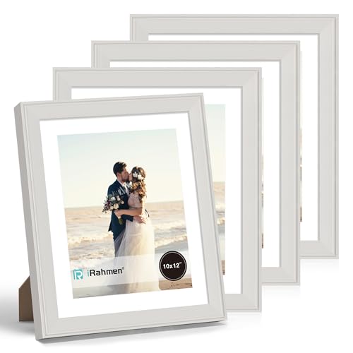 Image of iRahmen 10x12 Vintage Picture Frame with Mat 8x10 - High Definition Real Glass Wooden Photo Frames for Tabletop Display and Wall Mounting (Cream, Set of 4)