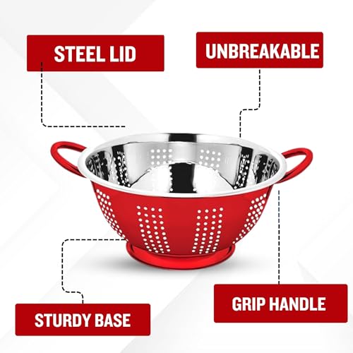 Image of Prabha Colander Stainless Steel Strainer Sieves, 3000ml, 24cm | Kitchen Strainer with Handle-Essential Kitchen | Colanders Bowl, Basket | Colander for Rice Straining Washing Fruits, Vegetables