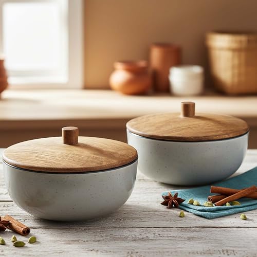 Image of The Earth Store Glossy Grey Marble Ceramic Bowl Set of 2 - 500ML Each with Nob Wooden Lid | Mixing Bowls for Snacks, Rice, Dal, Fruits, Salad Microwave Safe Bowl with Lid Perfect Gifting & Daily Use