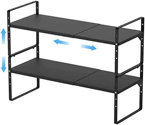 GEDLIRE Expandable Kitchen Cabinet Shelf Organizers 2 Pack, Stackable Metal Pantry Storage Shelves Rack, Adjustable Counter Shelf for Cabinets, Countertop, Cupboard Organizers and Storage, Black