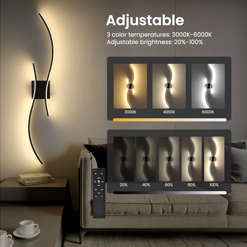 Battery Operated Wall Sconces Set of Two, 10000mAh Rechargeable Modern Wall Lights with Remote Control, Dimmable Black LED Cordless Lighting for Living Room, Bedroom, Hallway, 31.5 Inch, 3CCT - Image 4