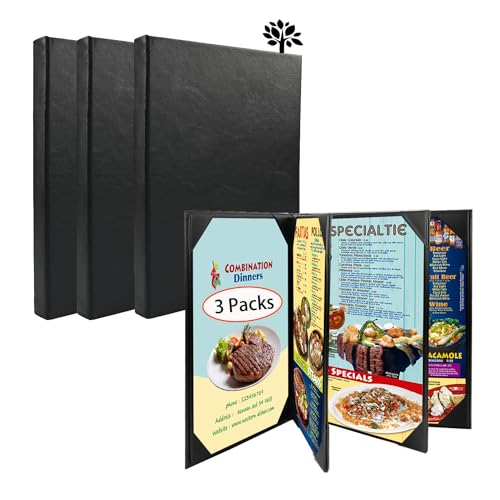 3 Packs Restaurant Menu Covers Holders with Strong Wood Inside for 8.5x11 Inches, Six Views Leather Menu Covers for Restaurant,Wine List, Drinks, Cafes, Bar, Hotel，Cocktail(8.5"x11"/Six View /3 pcs)