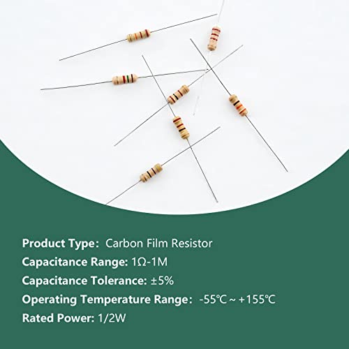 Uiusaur 500Pcs 25 Value Carbon Film Resistors Assortment Kit 1 Ohm-1M Ohm With 5% 1/2W For Industrial Electrical And Arduino， Tv, Lcd Monitor, Radio, Stereo, Game, Refrigerator, Water Heater, Etc. #TOP3