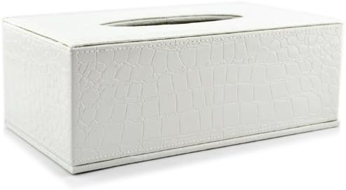 Tissue Box Cover Rectangle Crocodile Grain Pu Leather Holder for Home Office Hotel White Color