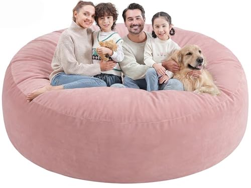 SIMFLAG 7FT Bean Bag Chair Large Bean Bag Chairs with Memory Foam Filled Fluffy Beanbag Sofa with Dutch Velvet Cover Round BeanBag Chairs for Living Room Playroom - Light Pink