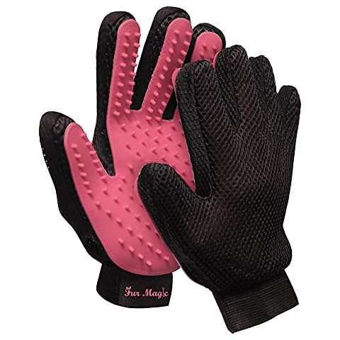 Fur Magic Pet Grooming Glove 1 Pair, Dog Cat Hair Remover Brush, Grooming, Deshedding & Massaging Tool with Enhanced Five Finger Design, Pink Cover
