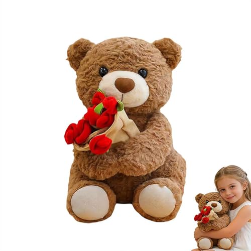 Bonito oso de peluche con rosa roja, regalo suave para novia o amigos, incluye un encantador ramo de flores, animal de peluche romántico para el día de San Valentín u ocasiones especiales