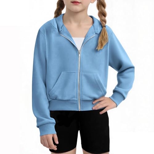 Girls Crop Hoodies 2025 Full-Zip Up Sweatshirts Jacket Teen Girls Hooded Tops Preppy Outfit with Pockets Kids Clothes