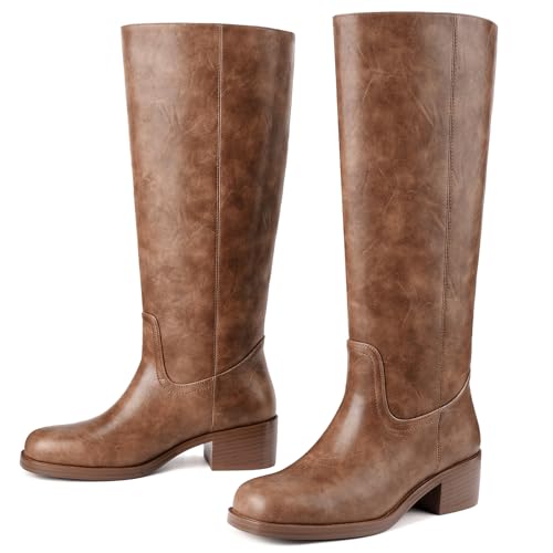 Image of Gothictor Women's Banana Knee High Boots Square Toe Chunky Block Heel Comfortable Low Heel Pull on Wide Calf Riding Long Boots for Women