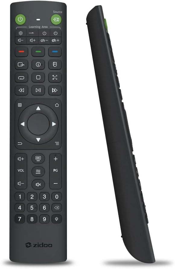 Quddiem u ġenb view of the Zidoo V12 remote control.