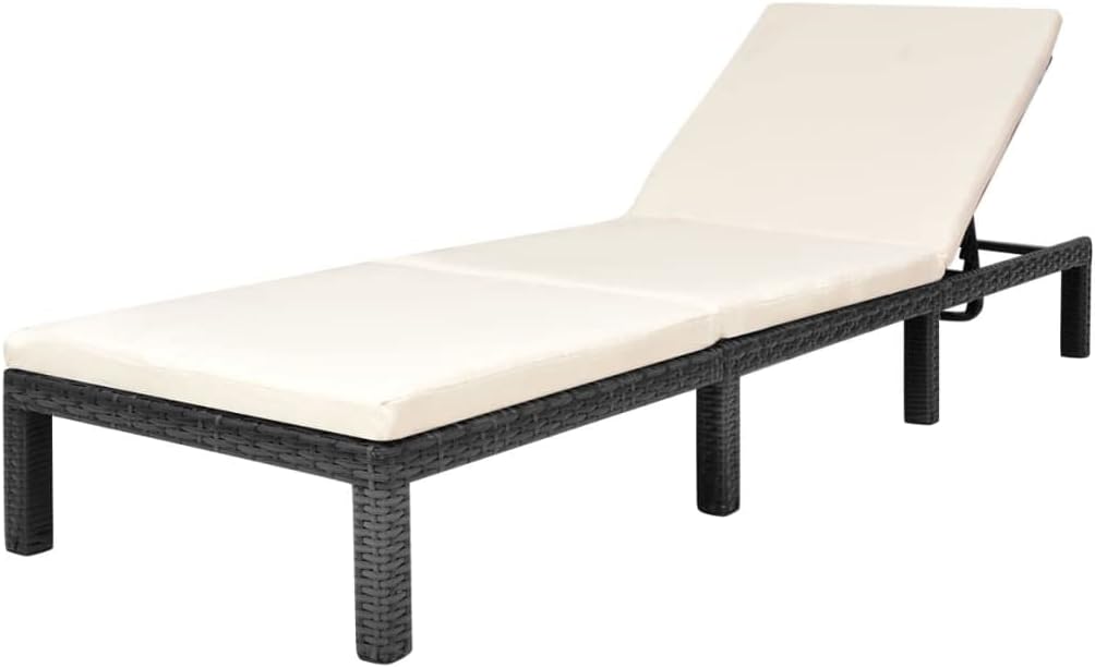 vidaXL Patio Lounge Chair, Outdoor Chaise Lounge Chair with Cushion and Adjustable Backrest, Sunlounger, Sunbed for Poolside, Poly Rattan Black