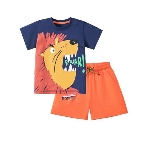 Image of HILEELANG Little Boy Summer Short Clothes Sets Outfits Easter Cotton Navy Lion Tee Shirts Pocket Adjustable Knite Shorts Playwear Sets Size 6