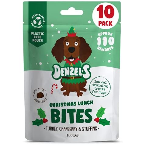 Denzel's Christmas Dog Treats - Low Calorie, Low Fat, Grain Free, Hypoallergenic, Natural Dog Treats - Christmas Lunch Soft 'n' Squishy Training Treats x 10 Plastic-Free Pouches (10 x 100g) Cover