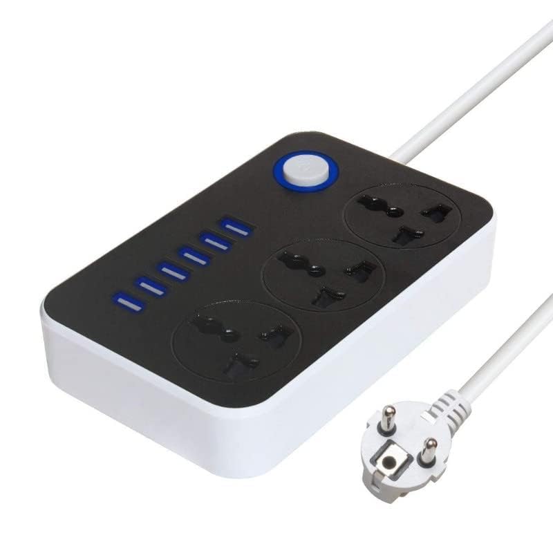 Image of Spike Guard with USB 3 Plug Adapter Power Strip 2mtr Cable Universal 3 AC Sockets + 6-USB Ports 3.4A Extension Boards Desktop Charging Station with 6 ft Extension Cord Surge Protection
