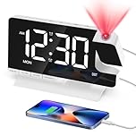 Venchin Projector Clocks for Bedrooms: Daul Alarm Digital Clock Bedside 9-Mins Snooze 12H/24H DST USB Charging Port 7.3" LED Mirror Surface Mains Powered - White