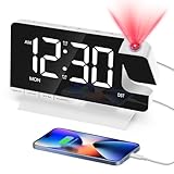 Venchin Projector Clocks for Bedrooms: Daul Alarm Digital Clock Bedside 9-Mins Snooze 12H/24H DST USB Charging Port 7.3" LED Mirror Surface Mains Powered - White