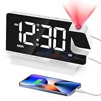 Venchin Projector Clocks for Bedrooms: Daul Alarm Digital Clock Bedside 9-Mins Snooze 12H/24H DST USB Charging Port 7.3 LED Mirror Surface Mains Powered - White