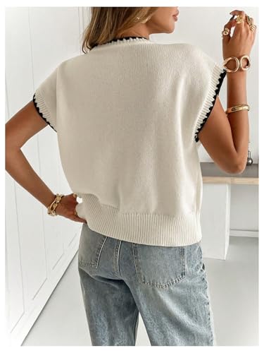 GORGLITTER Women's Short Sleeve Sweater Contrast Trim Crew Neck Boho Loose Pullover Business Casual Tops2