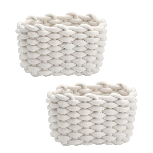 JAONLD 2 Pièces Panier Rangement Bébé Panier de Rangement en Corde de Coton Petit Panier Tressé Carré Paniers de Rangement à Langer Convient pour Chambre de Bébé, Chambre, Salon (Blanc)