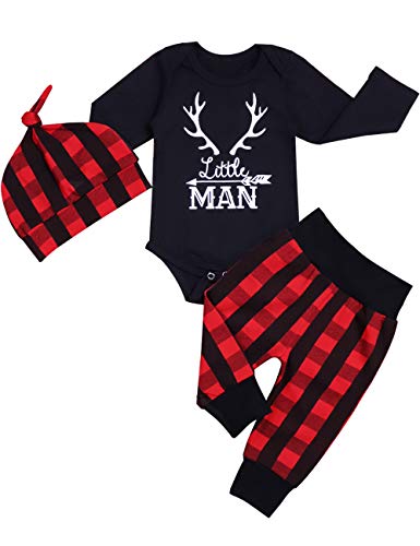 Newborn Infant Baby Boy Clothes puffalo Romper,Deer Plaid Pant Little Man Hat 3Pcs Outfits Set (05-Black, Newborn)