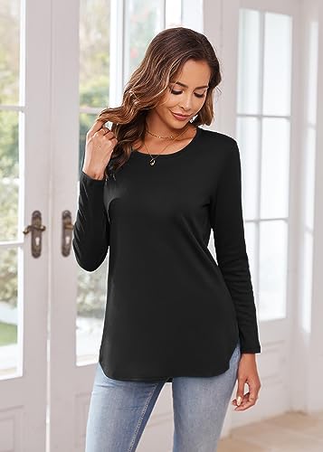 Image of Herou Women's Casual Long /Short Sleeve T Shirt Crewneck with Side Split Fall Pullover Loose Tunic Sweater Tops