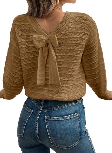 Image of EVALESS Sweaters for Women Long Sleeve Fall Outfits 2026 Back Bow Knot Sweaters Round Neck Solid Knit Pullover Tops