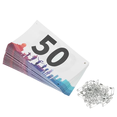 PATIKIL Tearproof Running Bib Numbers 7x4 Inch 1-50 Waterproof Race Competitor Numbers with Safety Pin for Marathon Sports Game Competition Runner Multicolor