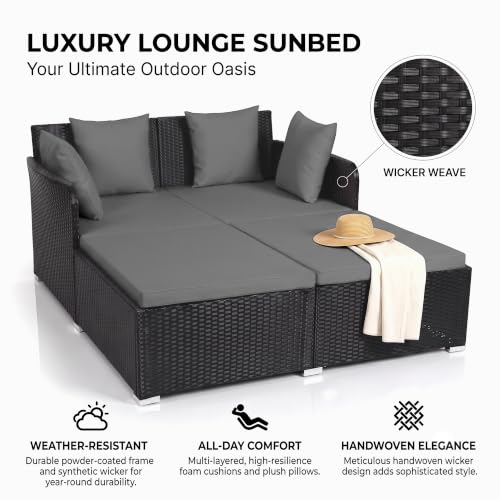 Image of BRISHI Outdoor /Pool Side /Garden /Balcony /Porch /Backyard /Terrace /Patio /Beach /Rectangular Sofa Sunbed Wicker and Rattan Daybed (Black /Purple)