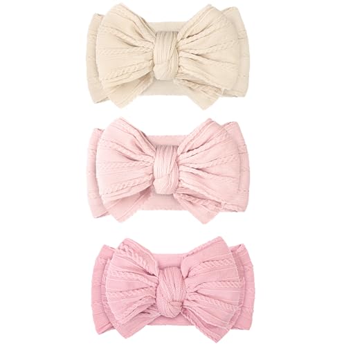 Image of JOYOYO 3 Pcs Soft Wide Turban Baby Headbands with Double-Layer Bow for Baby Girls, Newborns, Toddlers(Beige, Pearl Pink, Pink)