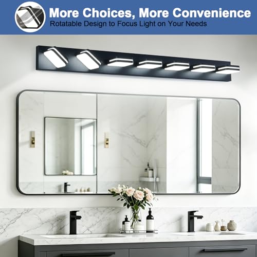 Image of Torondo 360 Rotate LED Bathroom Vanity Light Fixtures, Acrylic Vanity Lights for Bathroom, Modern Wall Lighting Fixtures Over Mirror Living, Matte Black, Natural White, 7-Light, 46-Inch