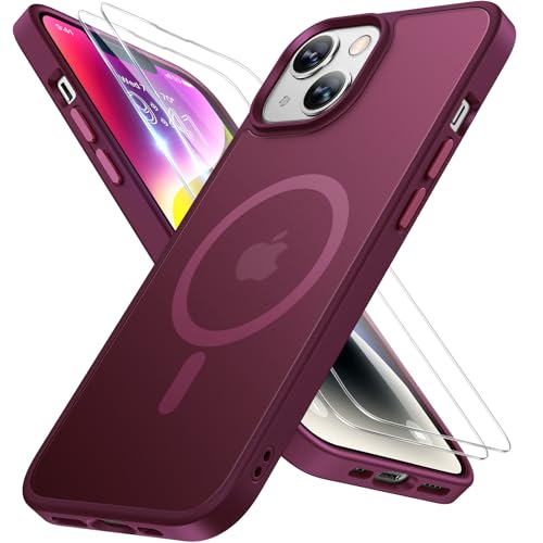 Image of Miracase Magnetic for iPhone 14 Case 6.1 inch (Compatible with MagSafe)(with 2X Screen Protectors) Military-Grade Protection, Anti-Fingerprint Translucent Matte Phone Case Cover, Wine Red