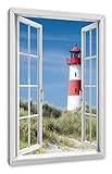 Pixxprint Leuchtturm hinter Dünen, Fenster Leinwandbild | Größe: 80x60 cm | Wandbild | Kunstdruck