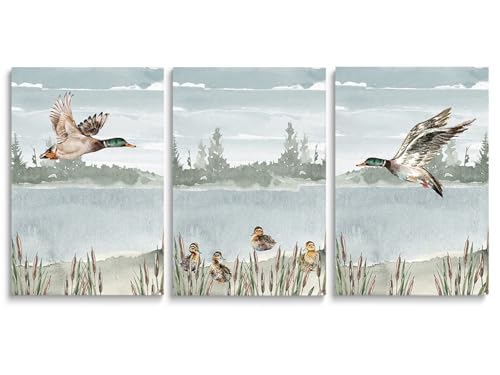 Image of SKYSUKEY Watercolor Duck Hunting Nursery Decor, Set of 3 Mallard Duck Wall Prints, Nursery Wall Decor for Little Boys Girls Room, Rustic Outdoor Hunter Themed Decor, Framed Canvas Wall Art 12"x16"