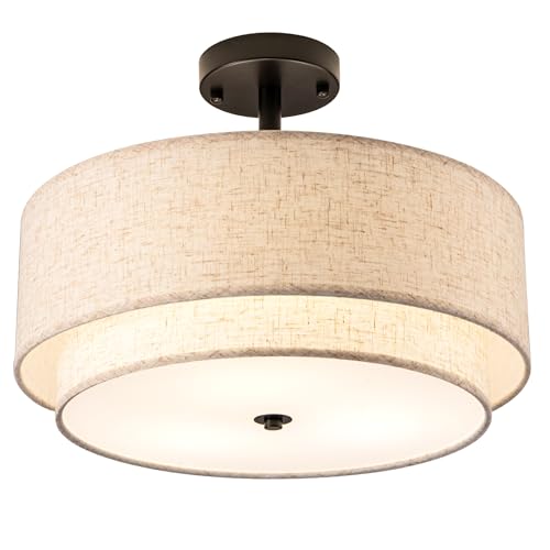Aufrichting Drum Semi Flush Mount Ceiling Light, 16 inch 3 Lights Ceiling Light Fixture with 2-Layer Fabric Shade, Black Farmhouse Drum Ceiling Lighting for Bedroom Hallyway Dining Room Kitchen
