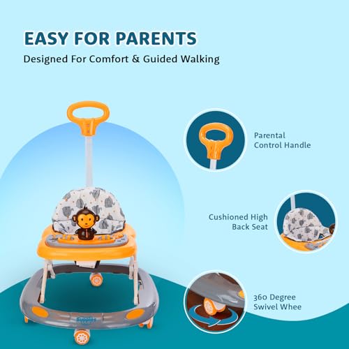 Image of Amazon Brand - Supples Baby Activity Walker with Parental Handle | BIS Certified | 3-Level Height Adjustment, Convertible Toy & Food Tray, Music, 360 Rotating Wheels | for 9+ Months |Grey & Yellow