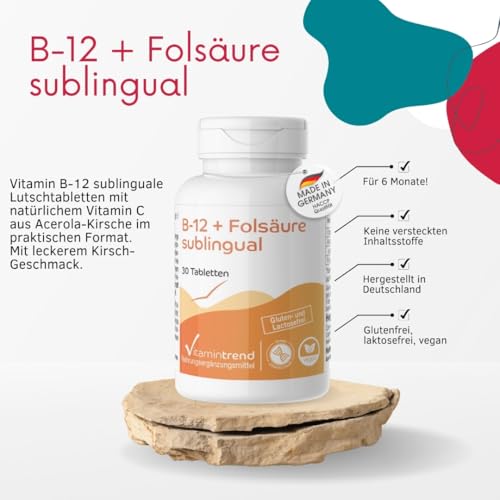 Vitamintrend Vitamin B12 500 µg + Folsäure 100 µg sublingual, 30 Tabletten, mit Acerola, hochdosiert, Nahrungsergänzungsmittel vegan, in Deutschland hergestellt