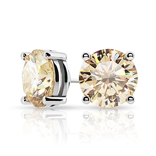 Gigajewe Moissanite Stud Earring Round Cut Champane Color Total 6.0Ct 18K Gold Plated 925 Steling Silver, Stud Earrings For Men Women #TOP17