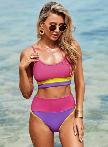 Image of Herseas Women 2 Piece High Waisted Bikini Sets Color Block Popular Swimsuits 2026 Summer Beach Swim Best Bathing Suits