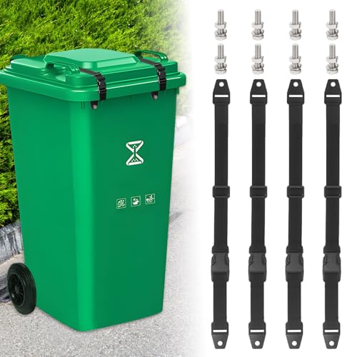 Image of 4 Pcs Trash Can Lid Lock, Universal Garbage Can Lock Strap, Adjustable Outdoor Trash Can Lock for Animals, Squirrels, Dogs, Raccoons, Locking Trash Can During Strong Winds-Black