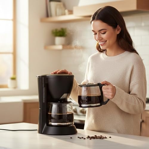 Image of 𝓓rumstone Electric Drip Coffee Maker 10 Cup Capacity, Black Finish, Glass Carafe with Handle, Automatic Brewing System, Keep Warm Function & Compact Design for Daily Use