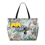 BJQ Women's Beach Tote - Starfish Turtle Pattern - Water & Sandproof - Gym & Travel Ready Large Fashionable Tote with Wet Bag