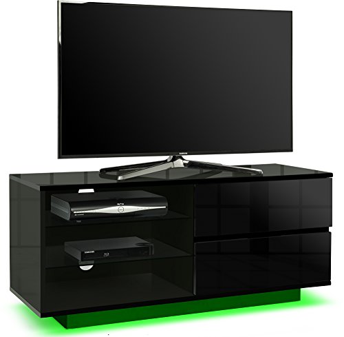 Centurion Supports Gallus Premium Noir brillant avec 2 tiroirs et 3 étagères 26-55 Meuble TV LED/OLED/LCD avec lumières LED