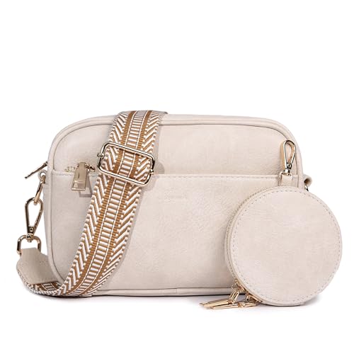 Kseymeir Shoulder Crossbody Bag for Women 2 Pack Designer Leather Handbag Purse Triple Zip Trendy Bag with Adjustable Strap (B-Off-White)