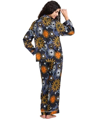 Image of YiNi LuLu Womens Silk Satin Pajamas Set Button Down 2 Piece Pjs Long Sleeve Oversized Sleepwear with Pockets