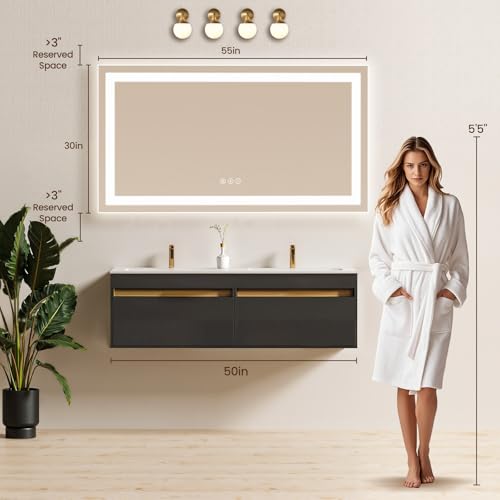 Image of 55x30 LED Bathroom Mirror with Anti-Fog, Backlit & Front Lit, Memory | Stepless Dimmable 3 Color CRI 95+ Shatterproof Tempered Glass ETL Listed for Safety Lighted Bathroom Vanity Mirror for Wall
