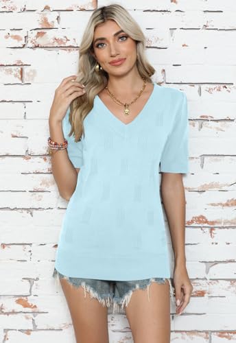Image of Yincro Womens Short Sleeve Sweaters Fall Summer Tops V Neck Lightweight Knit Pullovers