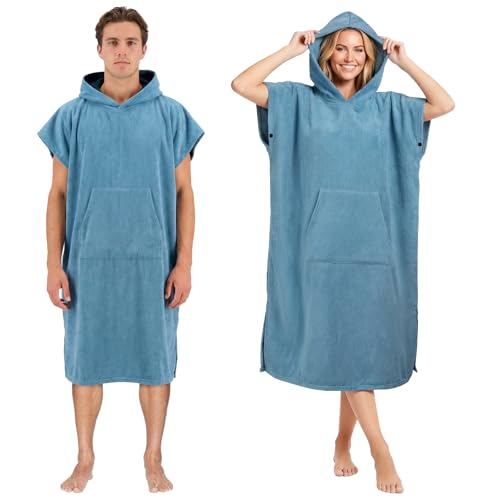 AUYAO Poncho Surf, 110cmX78cm Poncho de Toalla con Capucha para Adultos, Capa Cambiarse, Microfibra de Secado Rápido, Toalla Poncho con Bolsillos Unisex Ideal para Vacaciones Surf Playa, Azul Claro