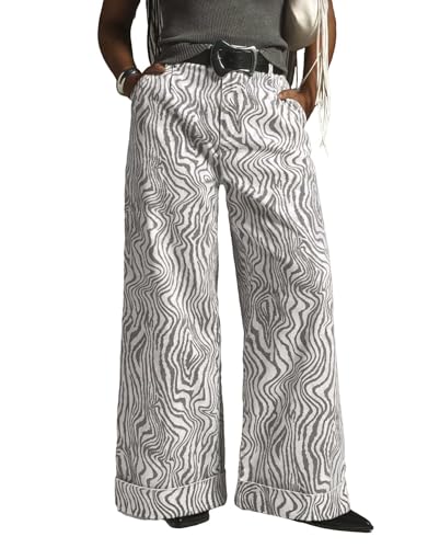 Women's Zebra Printed Wide Leg Pants Double Hem High-Rise Cuffed Baggy Jeans