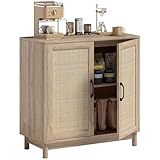 HOMCOM Buffet Salon, Meuble de Rangement avec 2 Portes en rotin, étagère réglable et Bords arrondis, Style bohème, Buffet Salle à Manger et Cuisine, 76 x 35 x 75,5 cm, chêne